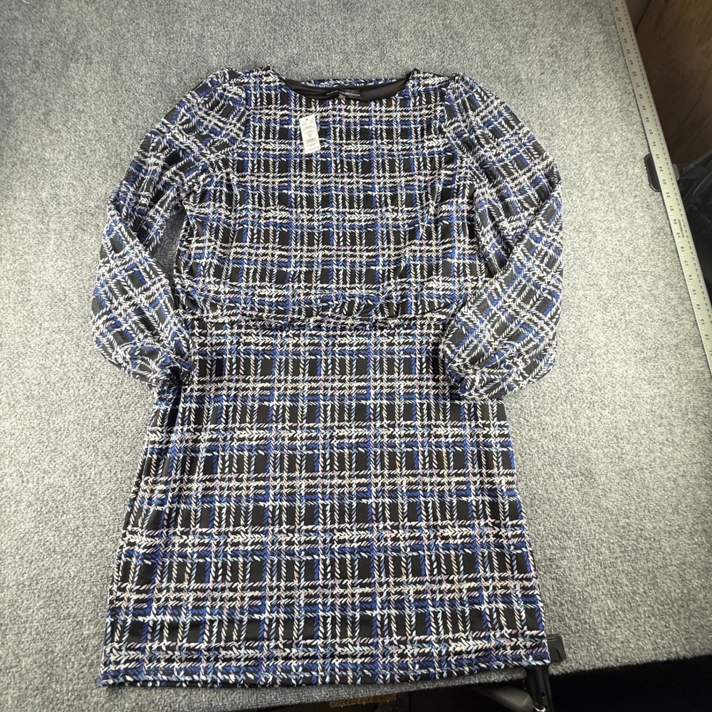 White House Black Market Amble Plaid Blouson Dress XL Black Blue 570282867 NWT